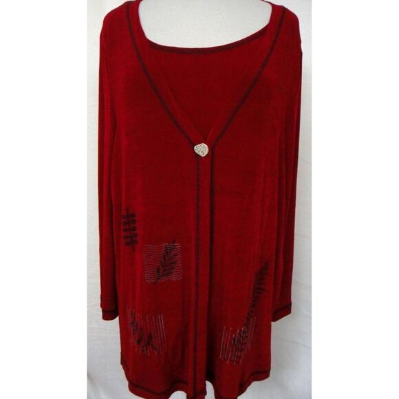 Piccalino Vtg Red Cardi Tank Traveler Tunic Length Asian Fern Faux 2Pc PLUS 18W - Picture 1 of 9